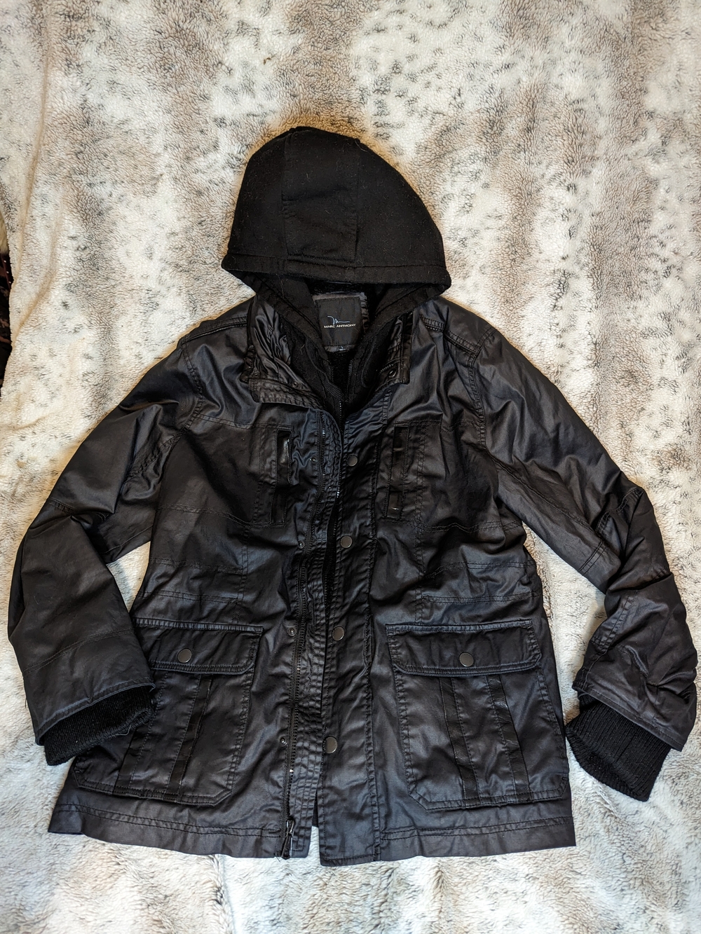 Marc Anthony Mens Heavyweight Coated Utility Field Jacket Hooded Sherpa Lined L